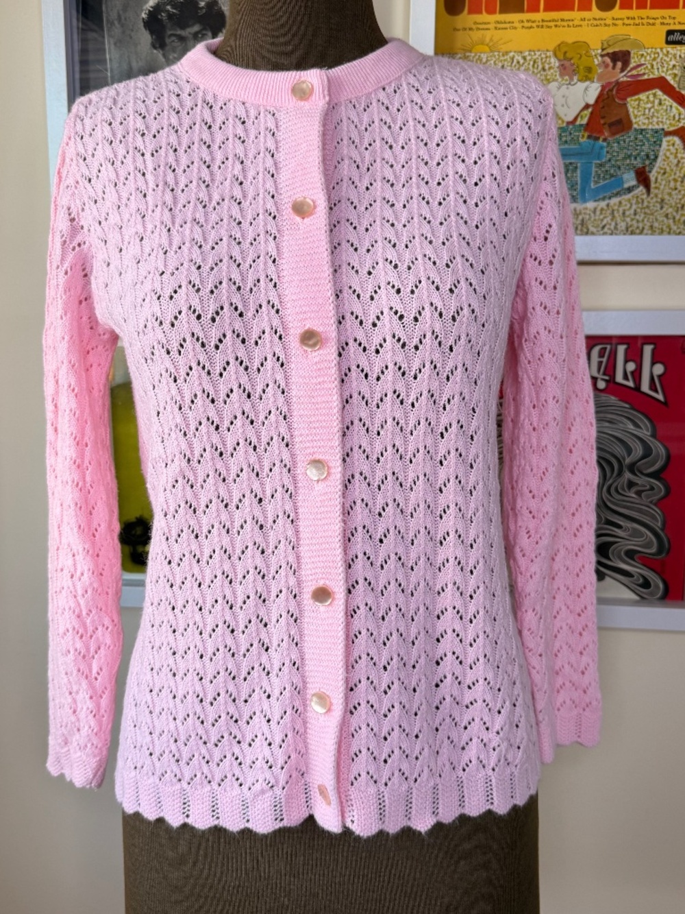 Vintage 70s Pink Pointelle Knit Cardigan – Coquette Soft Girl Feminine Retro